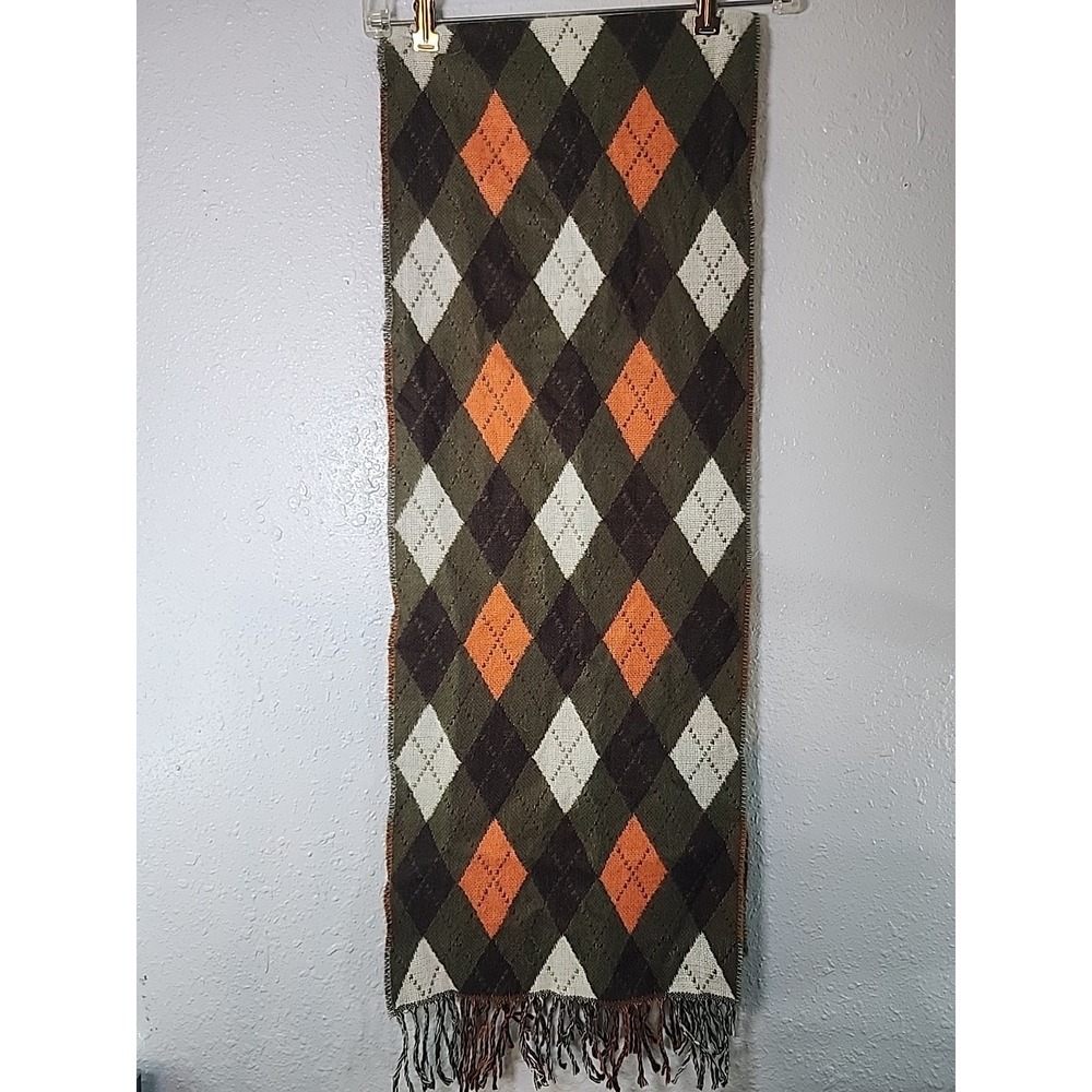 D&Y David & Young Womens Wrap Scarf Oblong Fall Green Orange Diamond Argyle